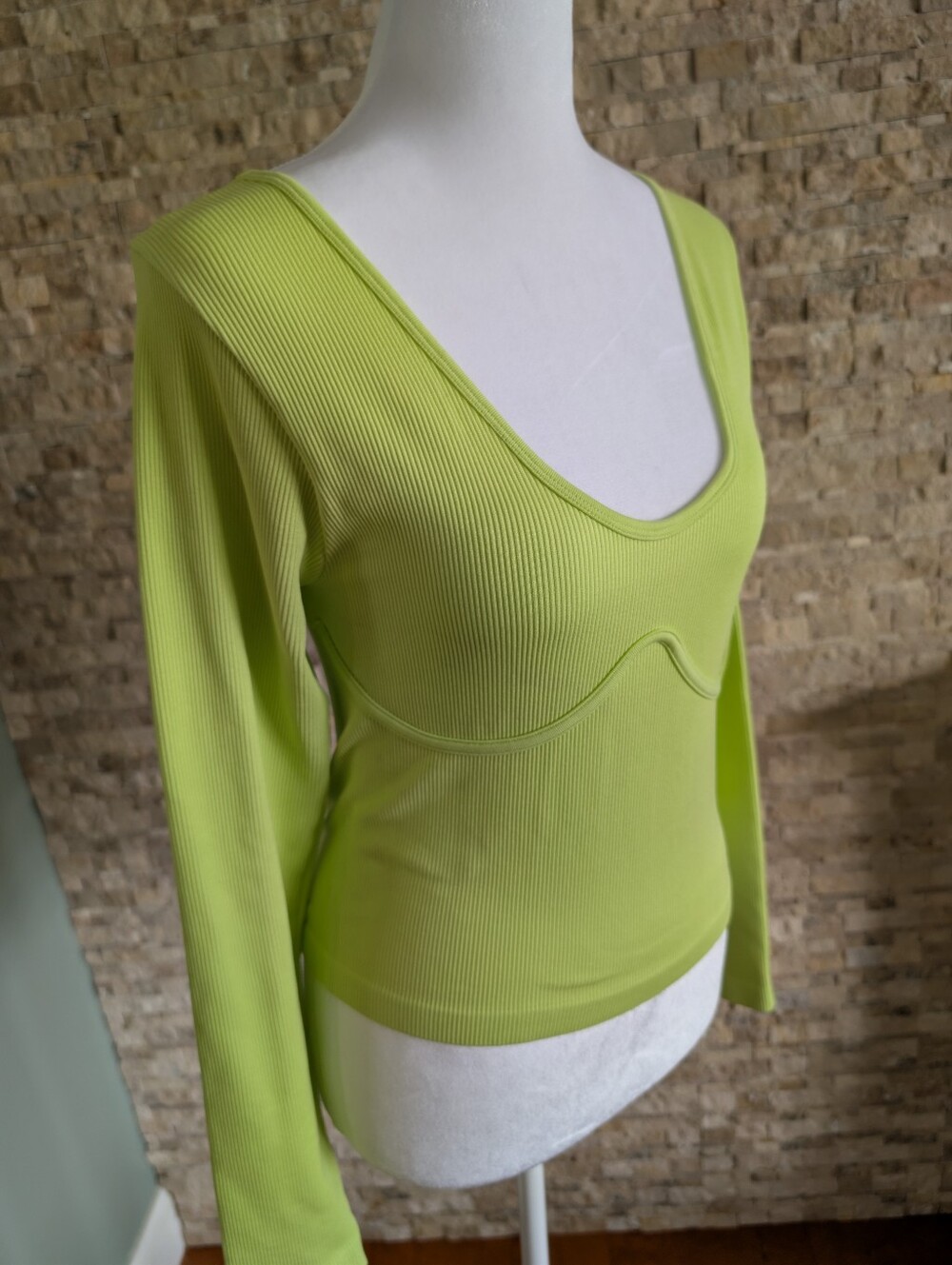 Bustier Style Long Sleeve Ribbed Top Lime Neon Green XL/XXL Activewear Soft Girl image 3
